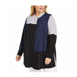 Alfani Black Blue Patchwork Button Down Tunic Top Size 2X